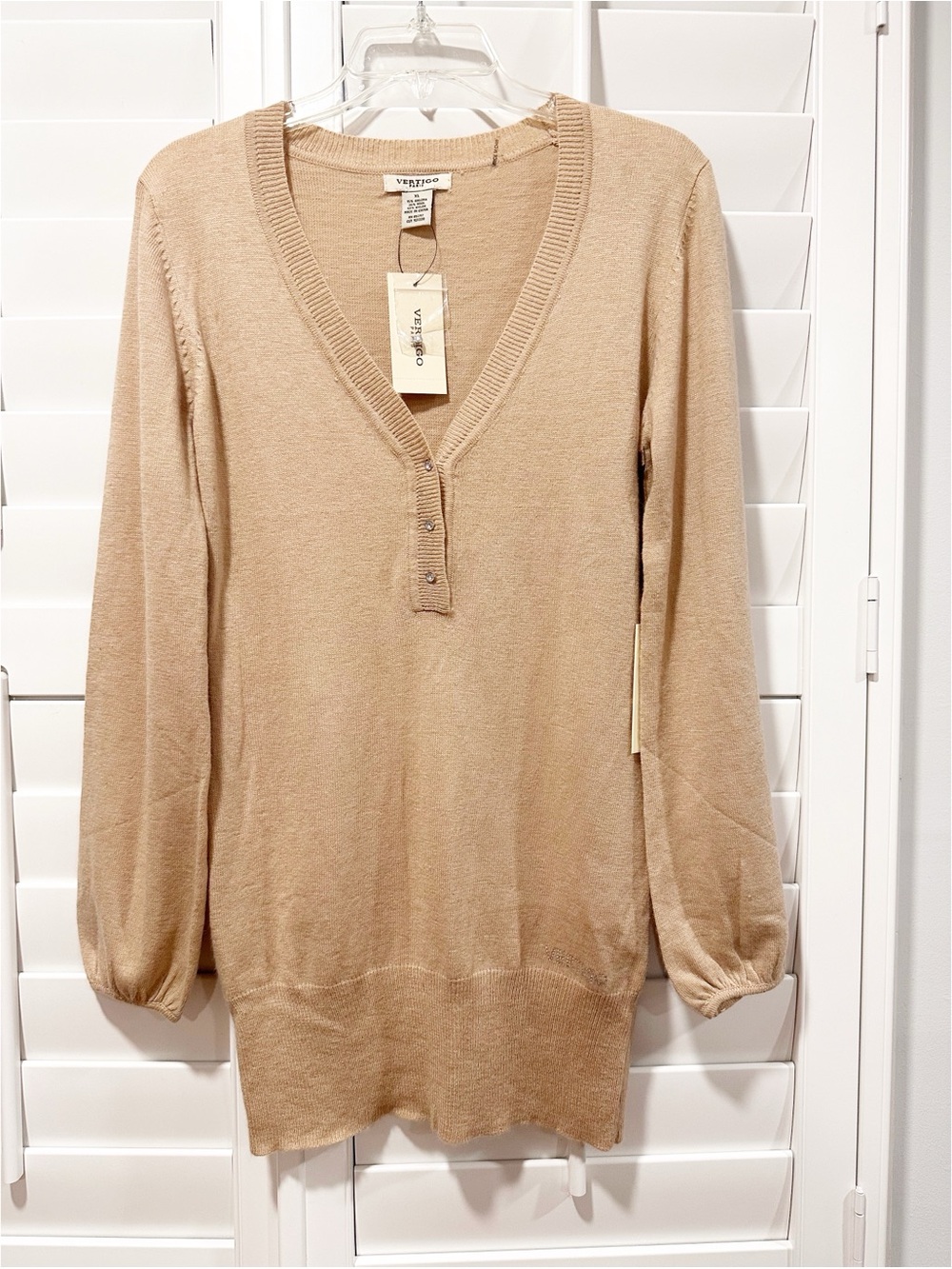 NWT Vertigo Paris Sweater XL Angora Wool Blend Long Tunic Tan Rhinestone Henley